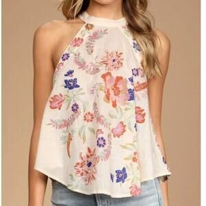 Free People Emily Printed Ivory Floral Boho Cottage Tank Blouse Oversized XS